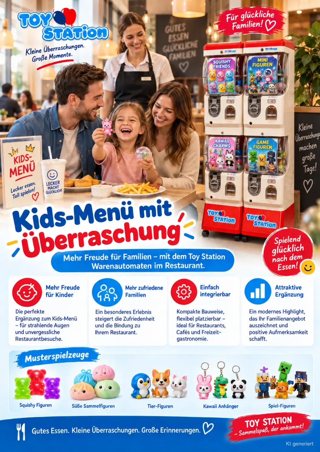 Kids-Menü mit Überraschung: glückliches Kind mit Spielzeugkapsel am Toy-Station-Automaten im Restaurant