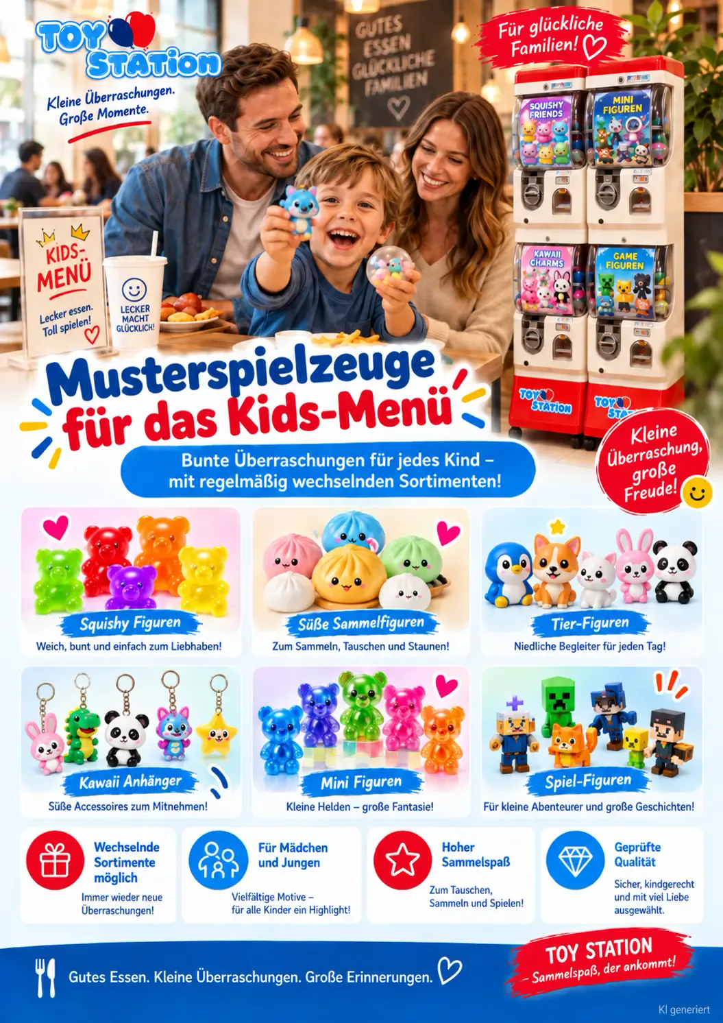 Musterspielzeuge für das Kids-Menü: Squishy-Figuren, Sammelfiguren, Tierfiguren, Kawaii-Anhänger und Spielfiguren